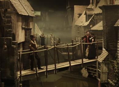Photo of characters on bridge at Dickens World